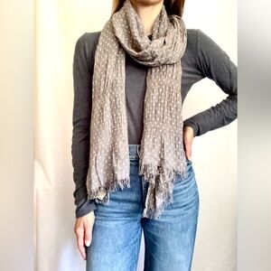 Lightweight Soft Gray and White Polka Dot Stitch Knit Scarf with SmallTassels
